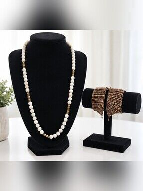 33" White Howlite Beaded Necklace & 6.5" Seed Bead Cuff Bracelet Boho Set